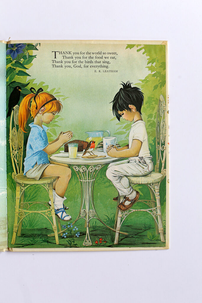 Illustration by Janet and Anne Grahame Johnstone of a boy and a girl at a table outside with a bird between them.
