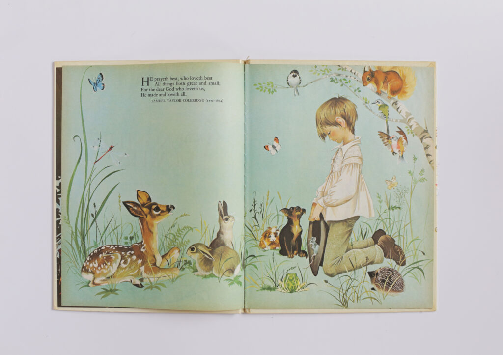A little boy kneels on ground with his head bowed as woodland animals look on