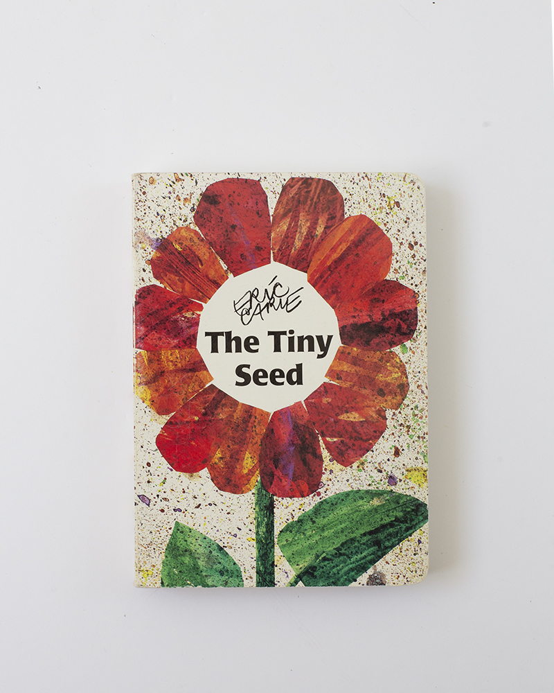 A picture of Eric Carle's The Tiny Seed board book. A sunflower fills the entire cover with the title in the middle.