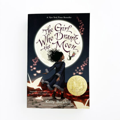 The cover of a book has a young girl in front of a giant moon with a small dragon in the background.