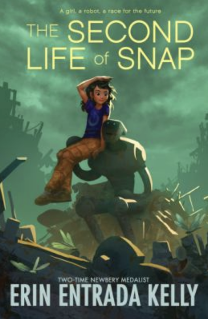 A robot holds a girl on his shoulder as the walk through a green background.